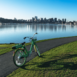 image of an electric bike on the road with a view of Seattle