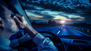 Man driving while sleep fatigue highway at dusk, experiencing fatigue and rubbing his eyes, reflecting dangers of drowsy driving.