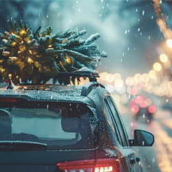 Car during the holiday season with a tree on the roof of the car