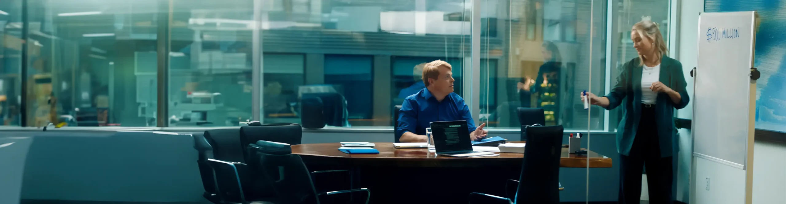 Doni stands at a whiteboard marked with “$500 million” while Ken sits at a conference table with laptops and papers. They are inside a glass-walled modern office space, actively discussing strategy.