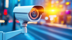 A surveillance camera captures the bustling activity on an urban street as daylight fades and city lights begin to glow