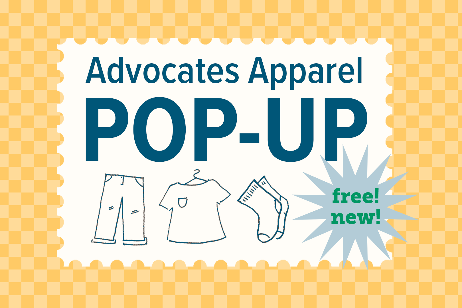 This is a banner used for our spokane event to assist children in getting school clothes. It has a checkered yellow background and a middle part with a title and some clothing icons.